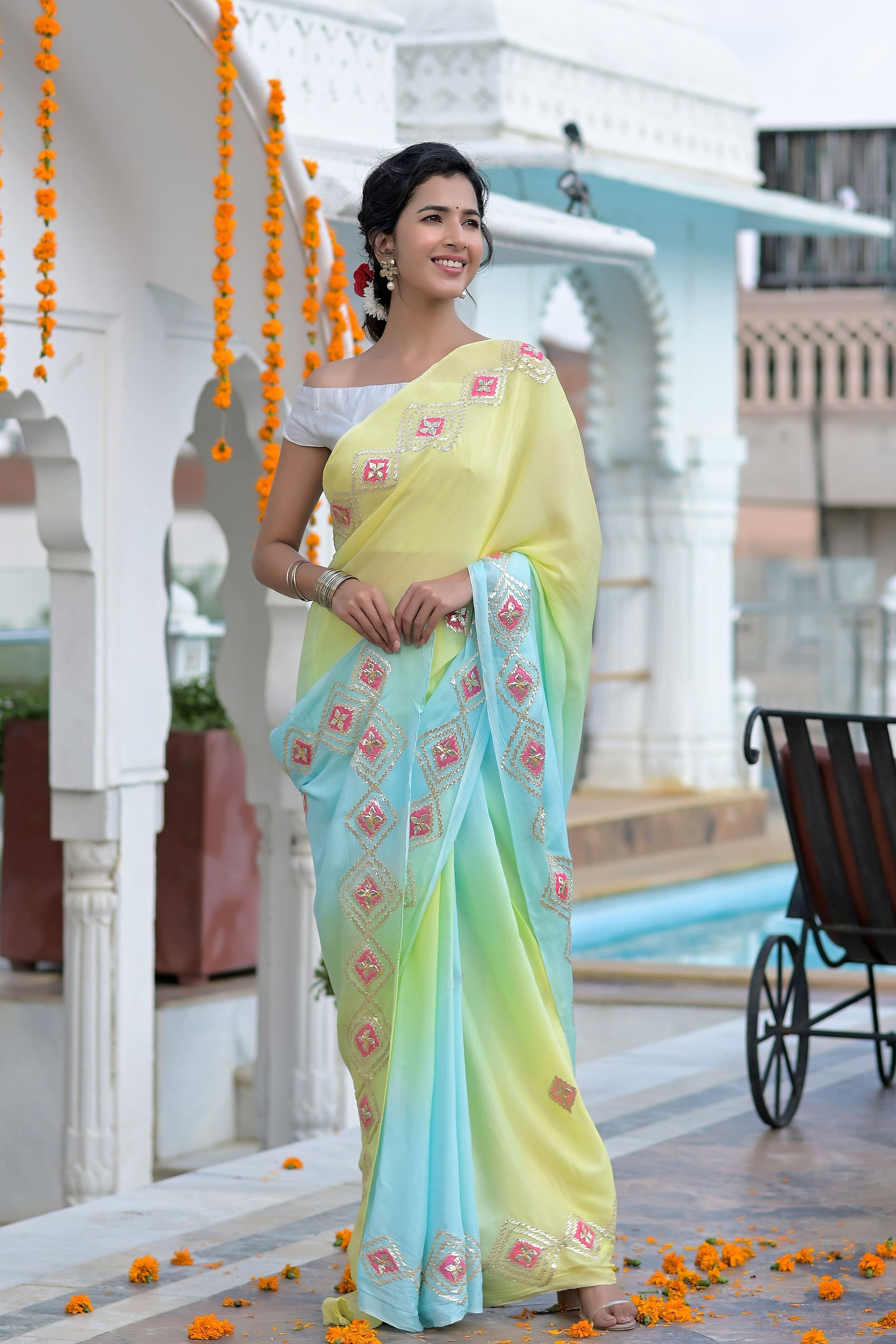 YELLOW AND BLUE SAREE - www.styletriggers.com