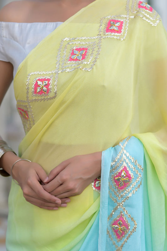 YELLOW AND BLUE SAREE - www.styletriggers.com