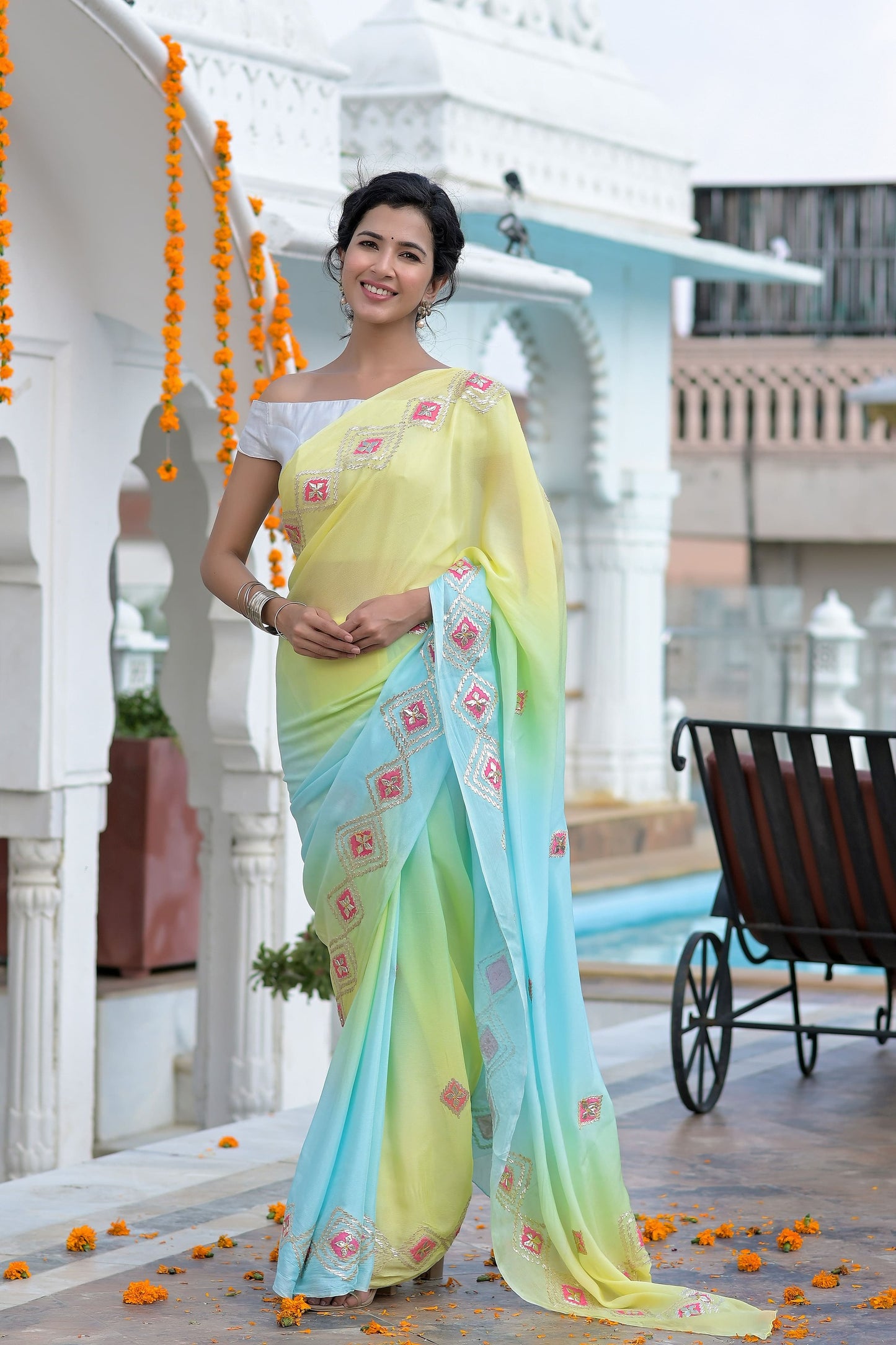 YELLOW AND BLUE SAREE - www.styletriggers.com