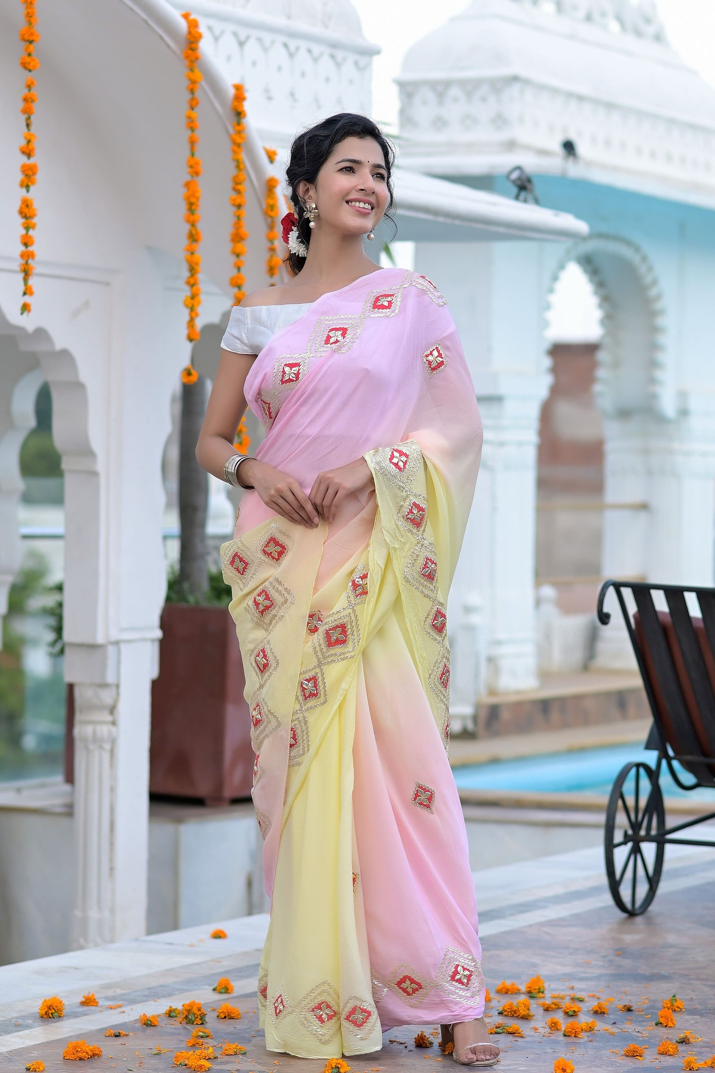 Pink and Yellow Shaded Saree - www.styletriggers.com