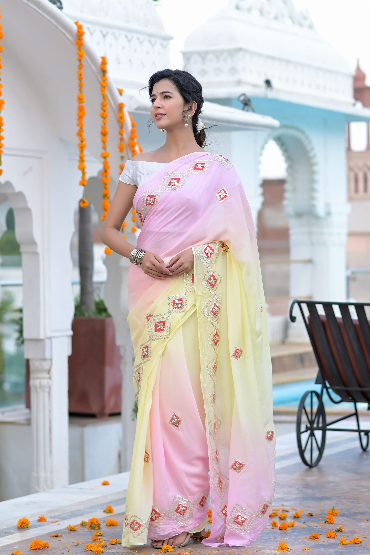 Pink and Yellow Shaded Saree - www.styletriggers.com