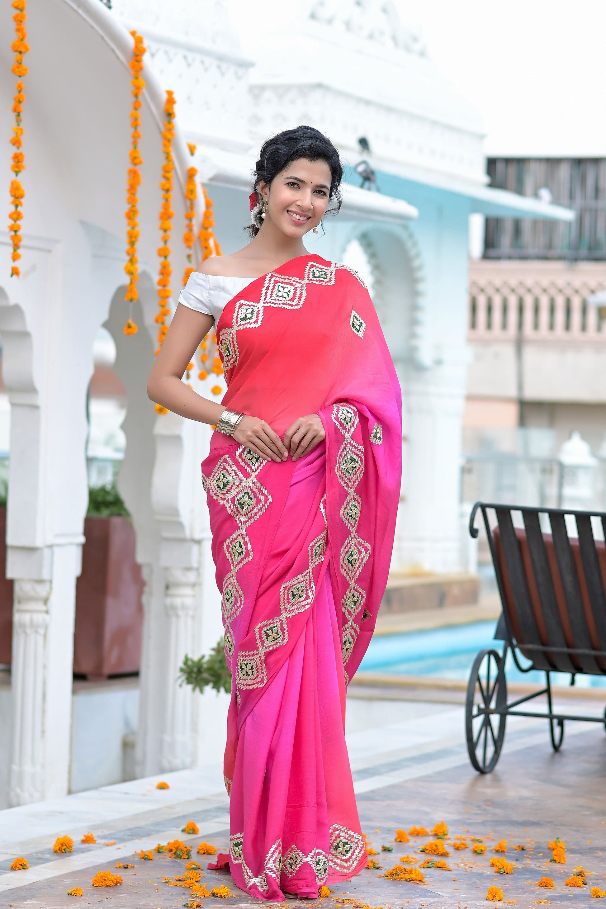 Magenta & pink gota pati saree set - www.styletriggers.com