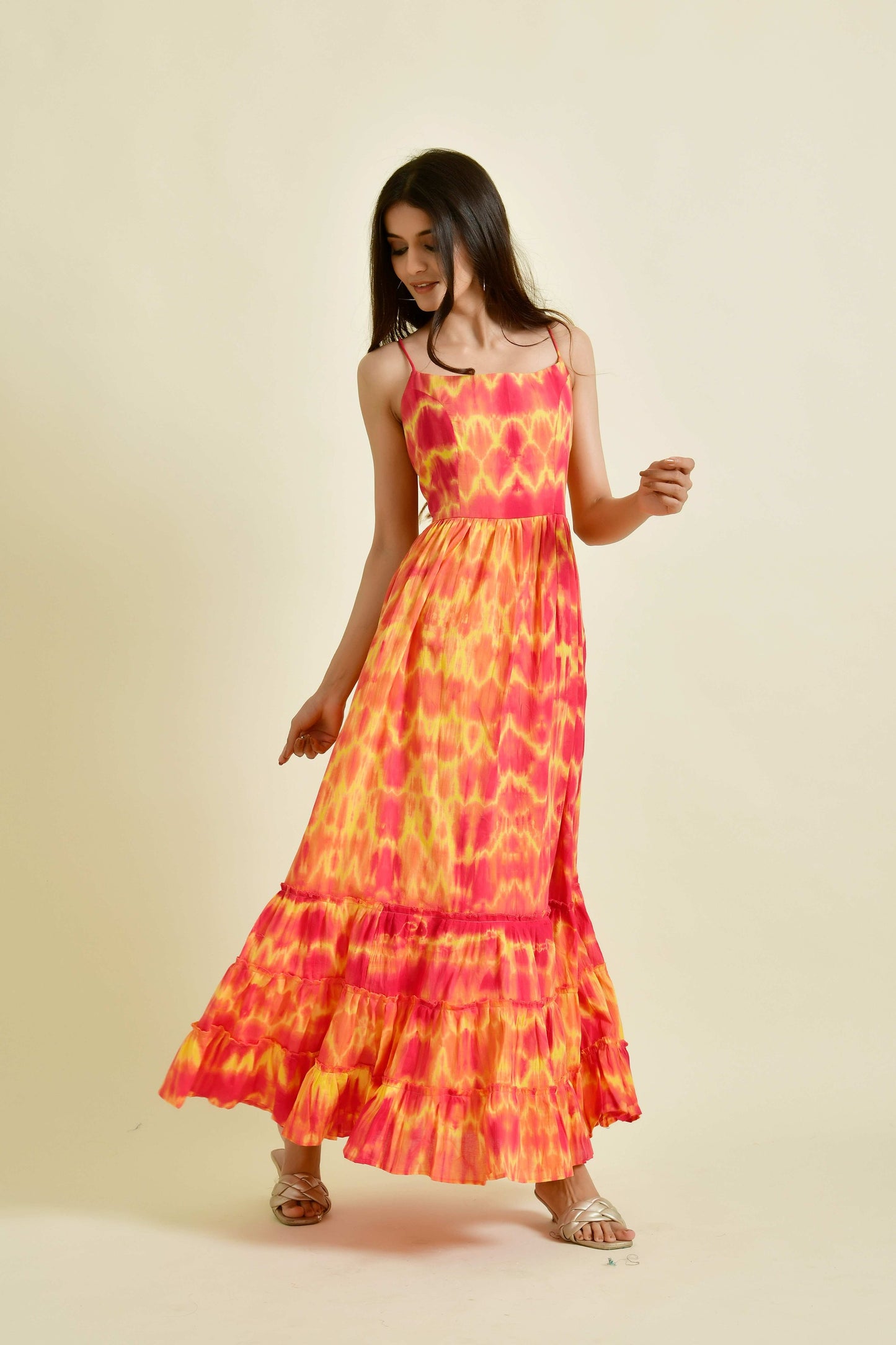 Sunkissed Hues: Red Yellow Tie Dye Dress by Style Triggers