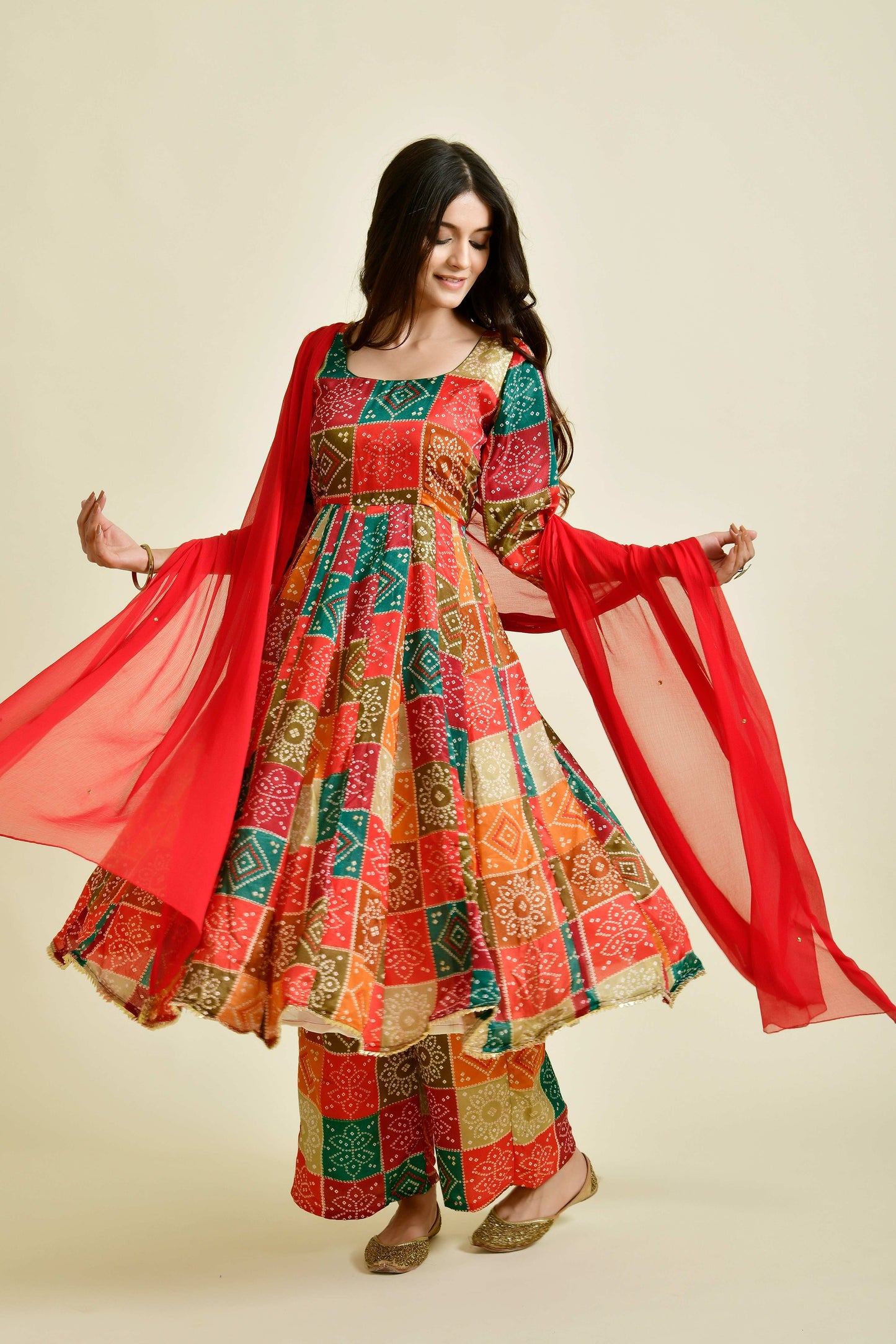 Red Green Anarkali Set - www.styletriggers.com