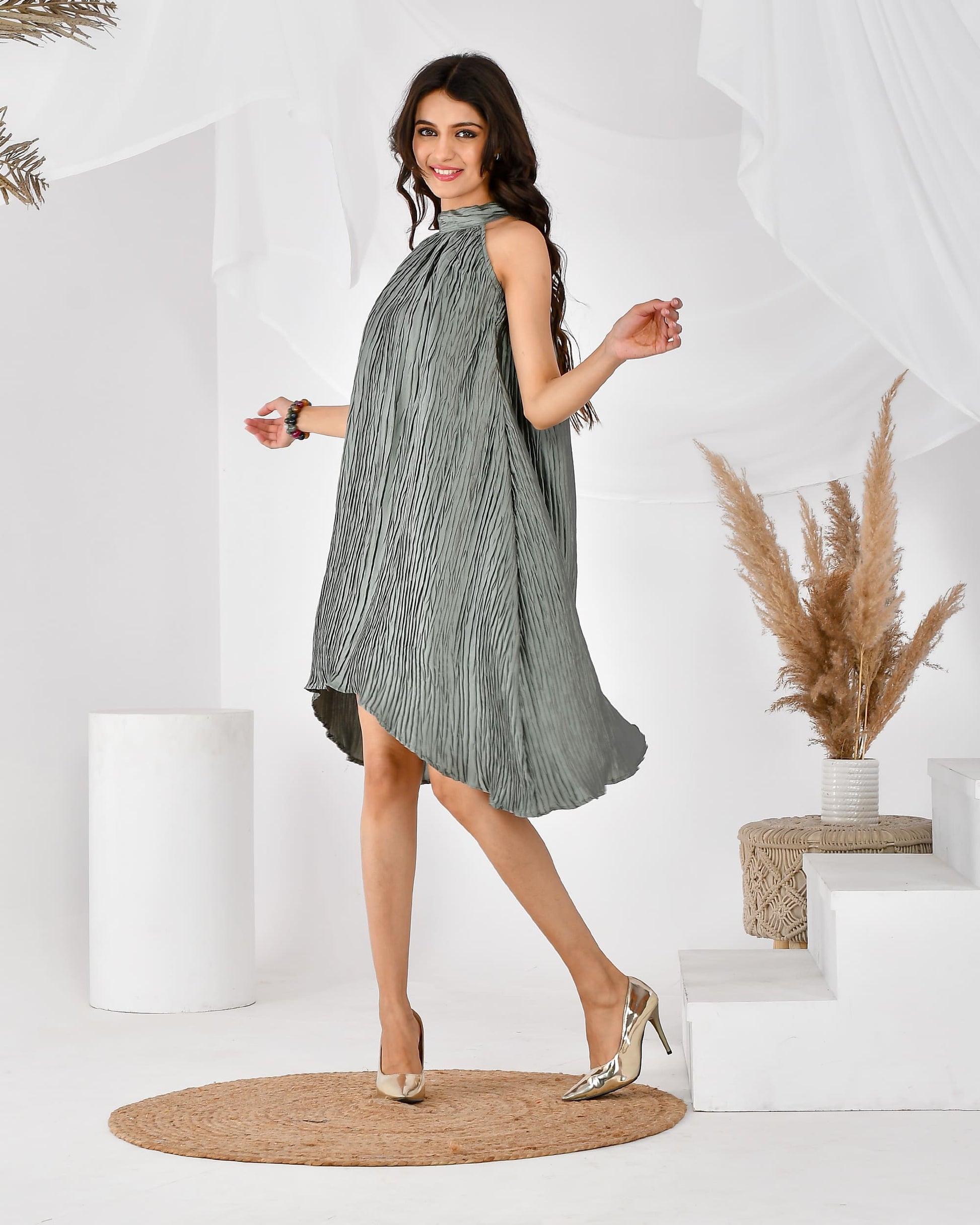grey pleated dress - www.styletriggers.com