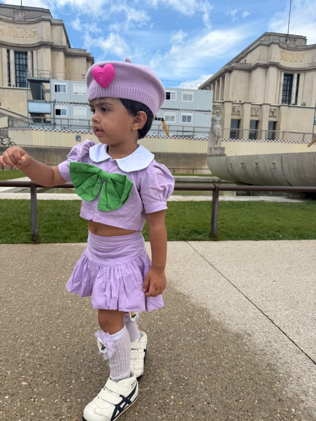 Lilac Bloom Green Bow Collar Set — Girls Puff Sleeve Top & Skater Skirt