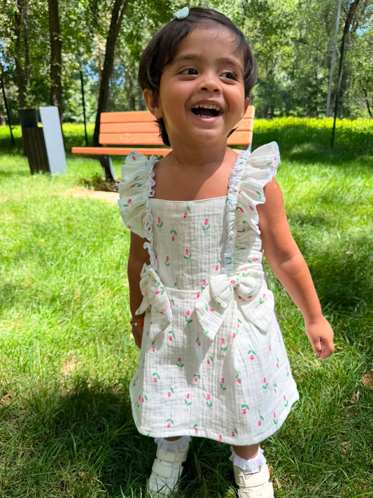 Tulip Garden Ruffle Bow Dress — Girls Sleeveless Floral Muslin Sundress