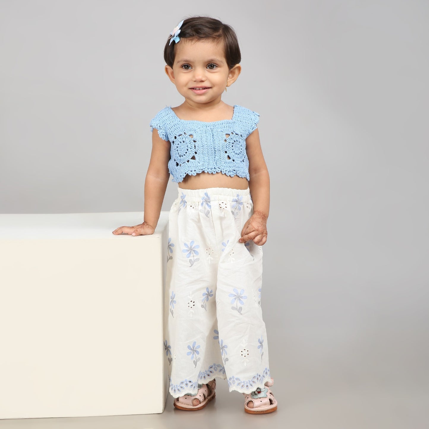 Chic sky blue crochet top with white floral embroidered pants