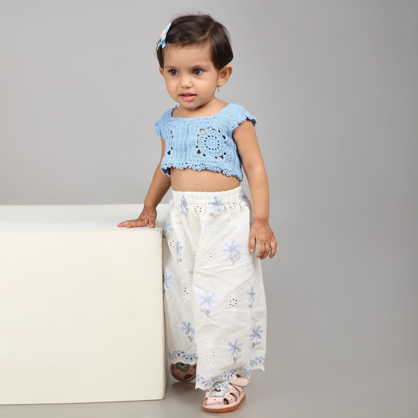 Chic sky blue crochet top with white floral embroidered pants