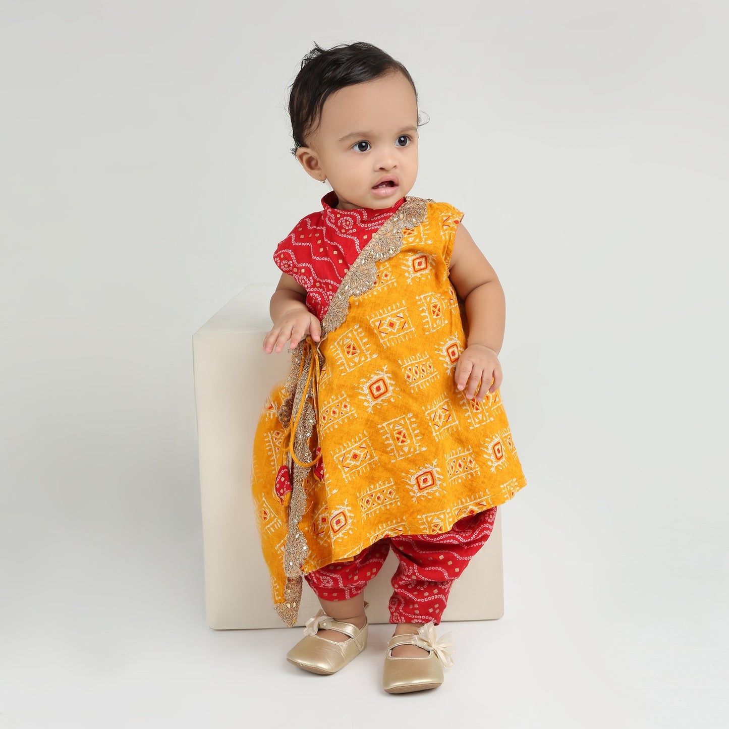Maroon and Mustard Yellow - Angrakha Kurta Dhoti Ethnic Set