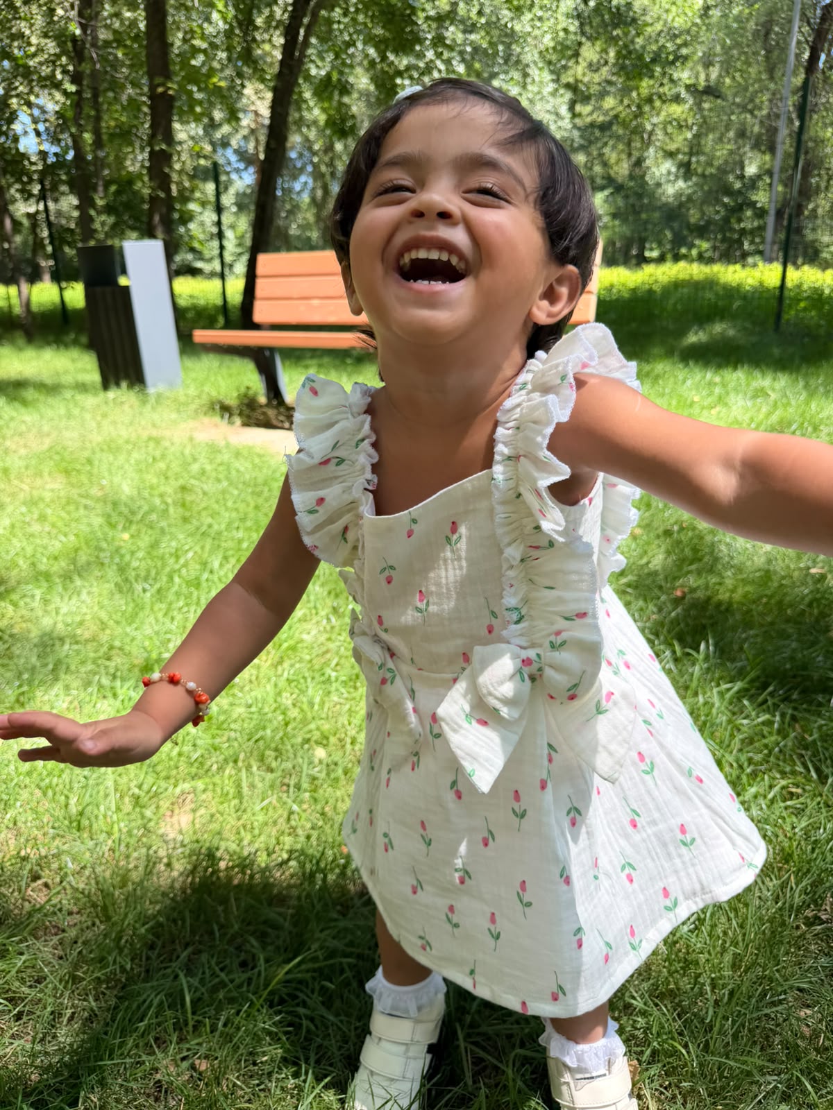 Tulip Garden Ruffle Bow Dress — Girls Sleeveless Floral Muslin Sundress
