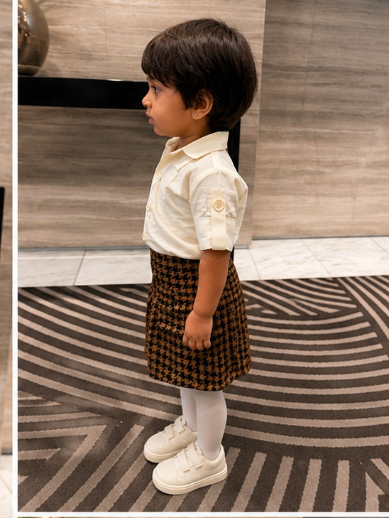 Ivory Collar Shirt & Houndstooth Skirt Set