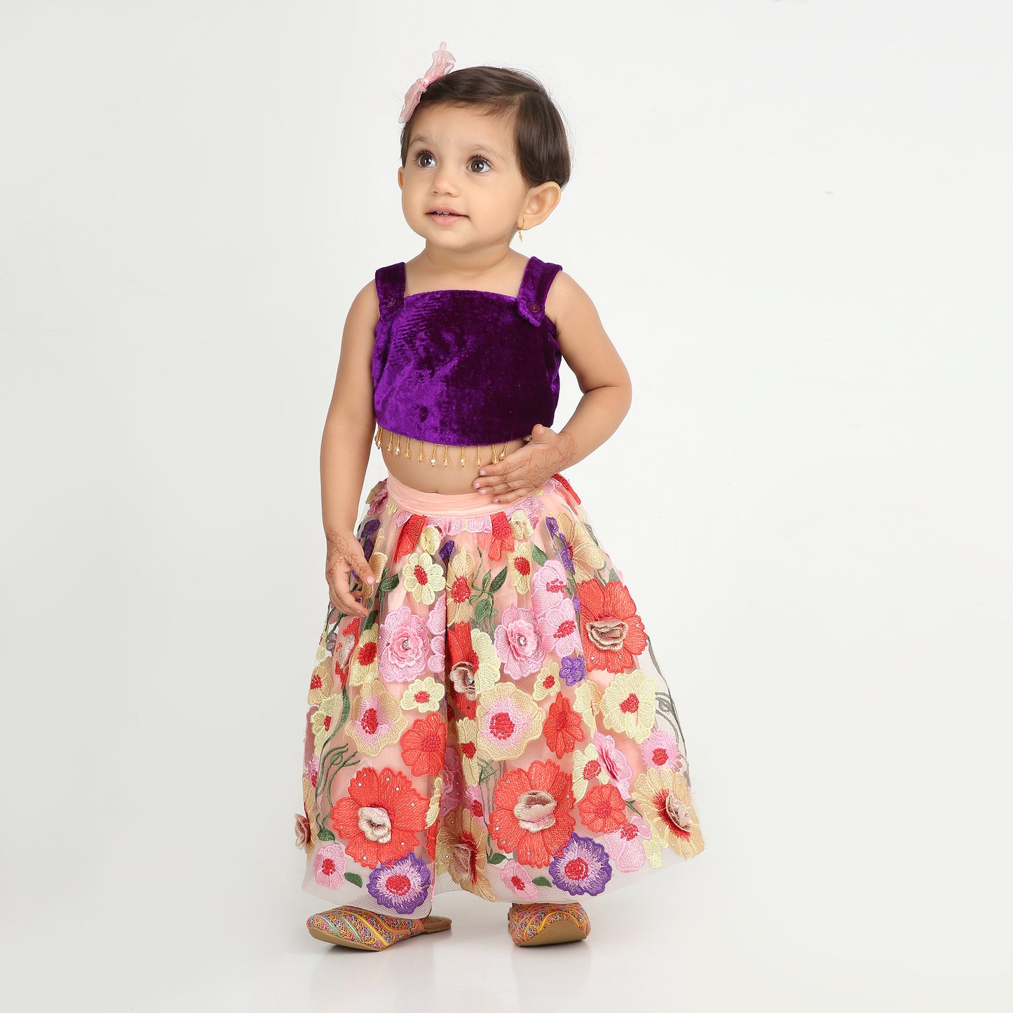 Ethnic Velvet Top and Embroidered Skirt Set with Cape for Baby Girl