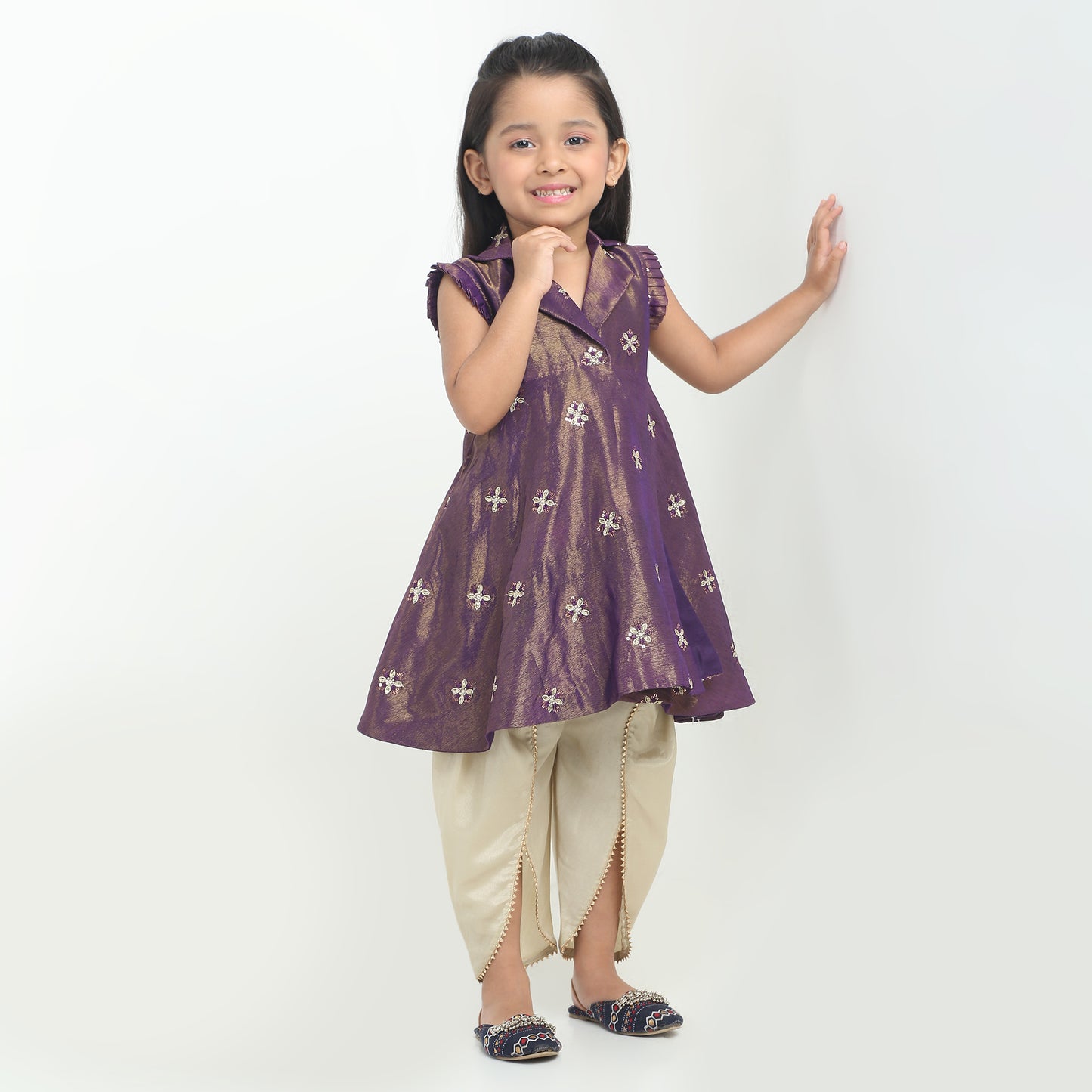 Girls Blue Foil Angrakha Dhoti – 2-Piece Festive Set