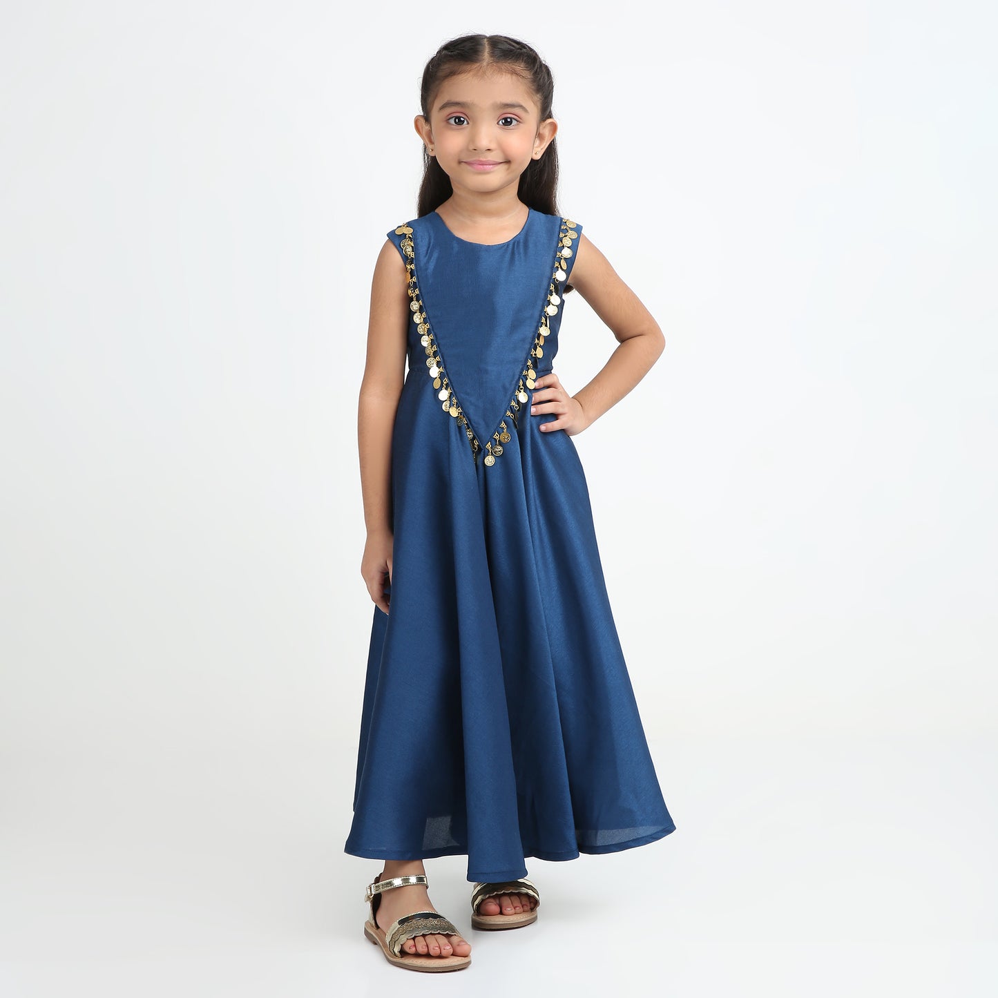 Midnight Coin Trim Maxi Dress — Girls Ethnic Sleeveless V-Neck Dress