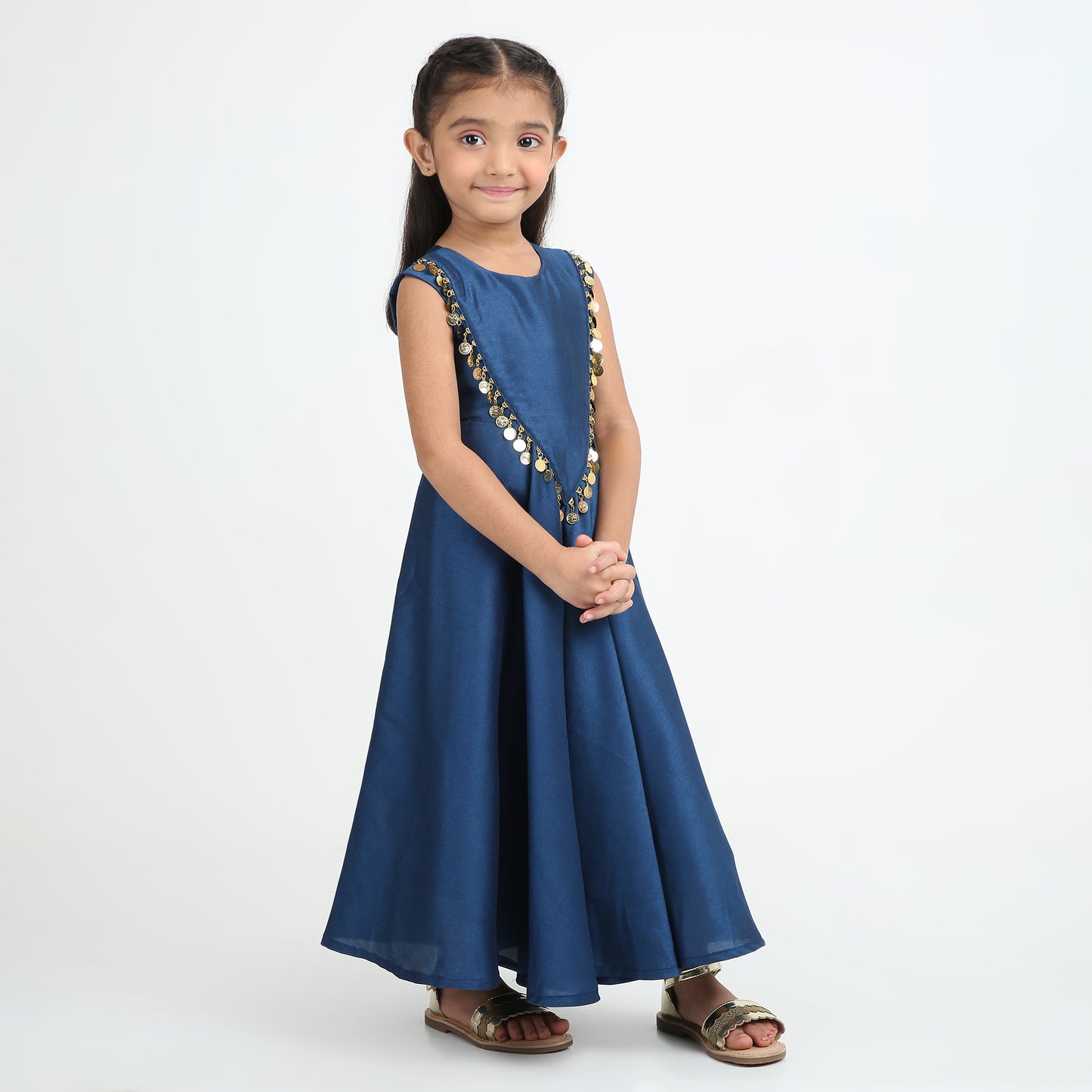 Midnight Coin Trim Maxi Dress — Girls Ethnic Sleeveless V-Neck Dress