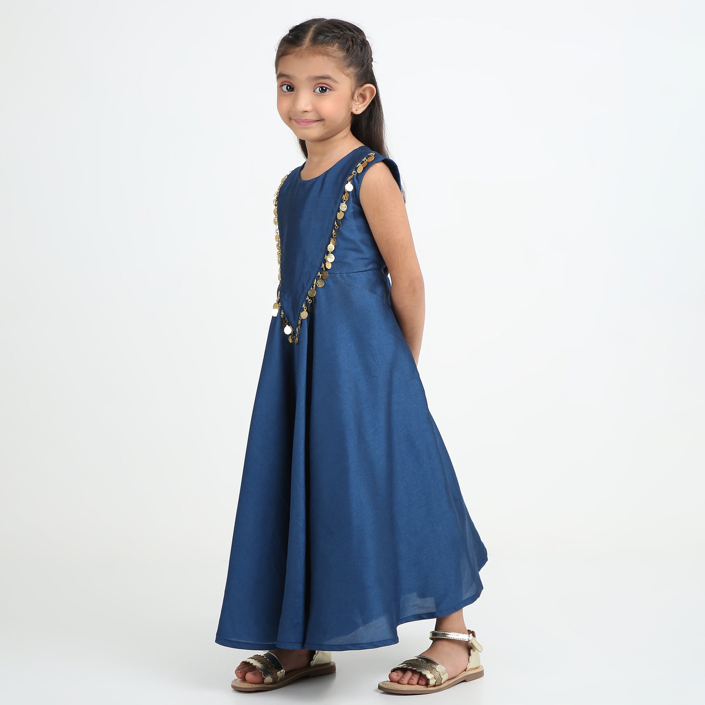 Midnight Coin Trim Maxi Dress — Girls Ethnic Sleeveless V-Neck Dress