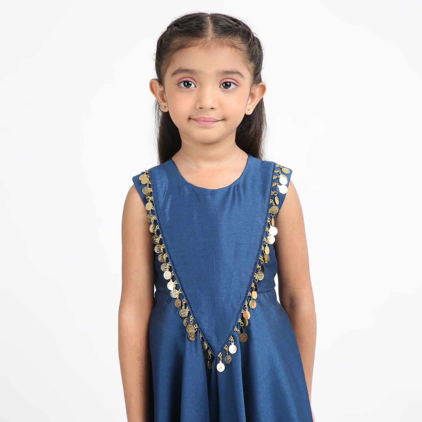 Midnight Coin Trim Maxi Dress — Girls Ethnic Sleeveless V-Neck Dress
