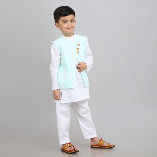White Boys Kurta Pajama with Nehru Jacket – 3-Piece Set