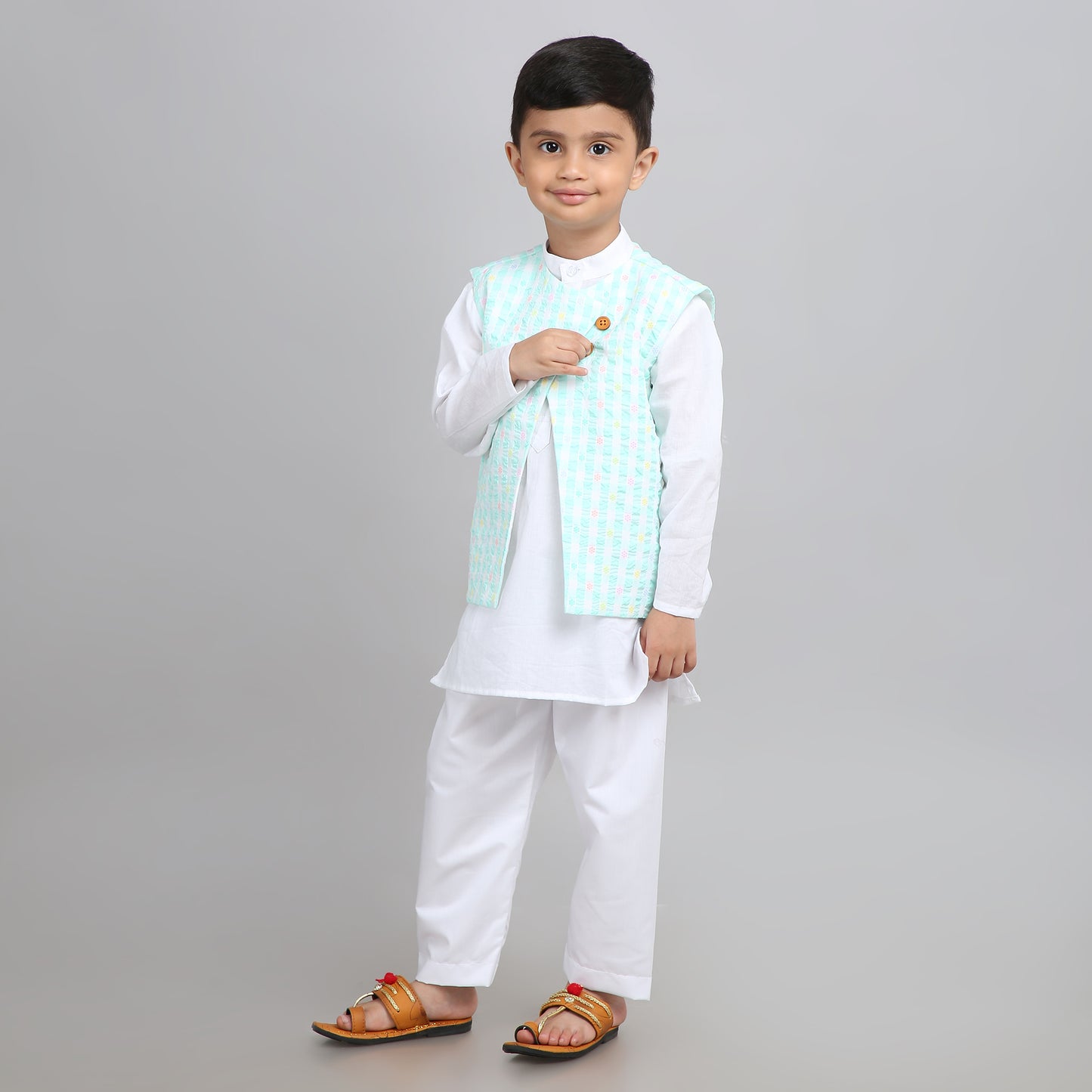 White Boys Kurta Pajama with Nehru Jacket – 3-Piece Set